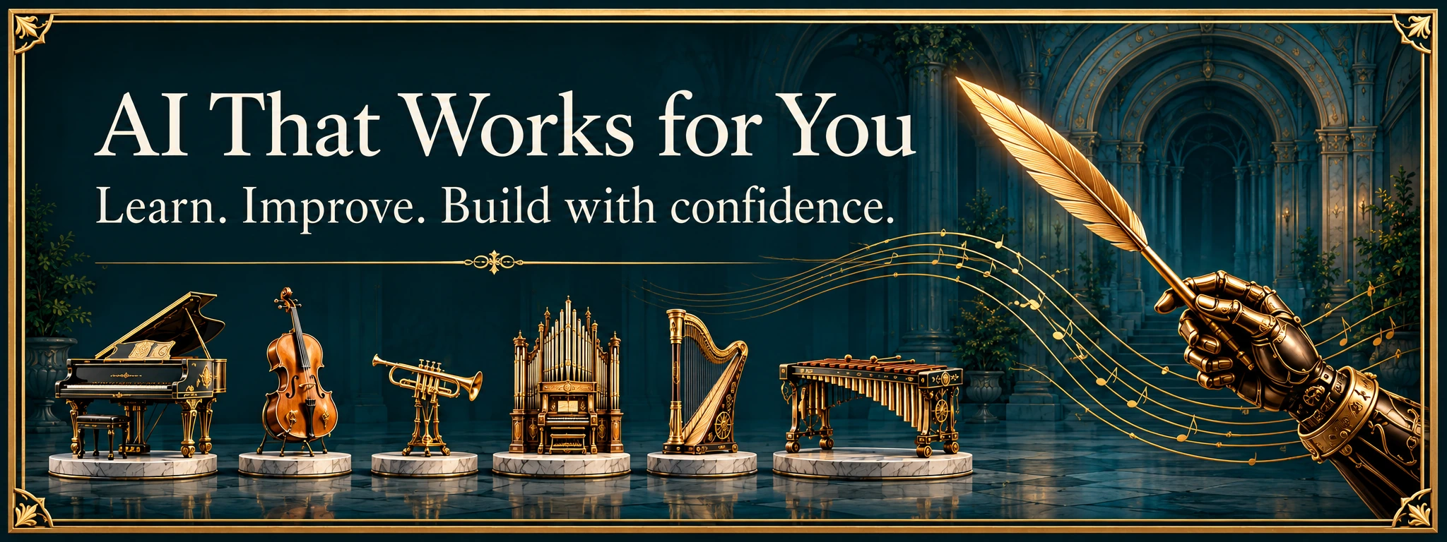 A golden quill above six miniature brass instruments, each standing for one Quill AI service.