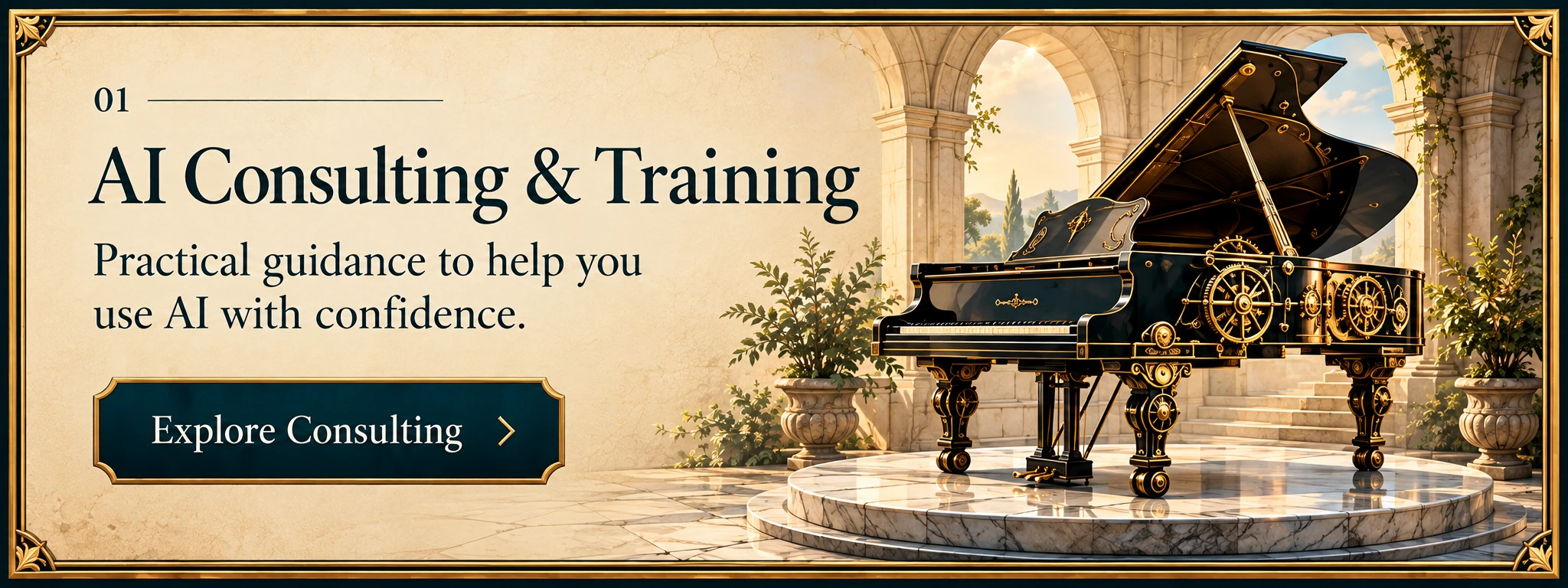 A brass grand piano on a stone plinth, for practical guidance in using AI with confidence.
