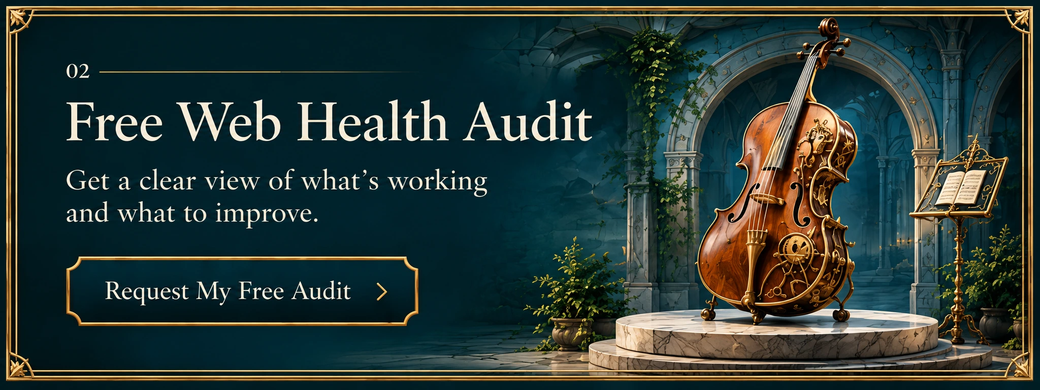 A brass and amber cello beside a music stand, for a clear view of what a website does well.