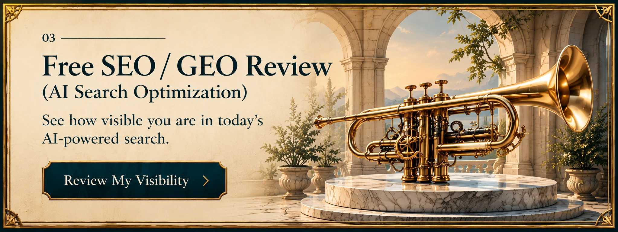 An antique brass trumpet on a marble plinth, for how visible a business is in AI-powered search.
