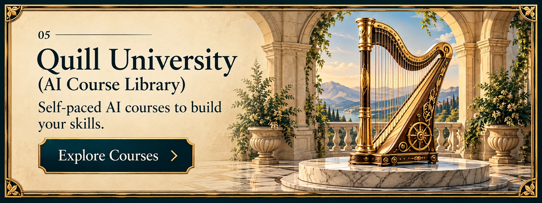 A brass harp inside a stone arch, for the self-paced AI course library.