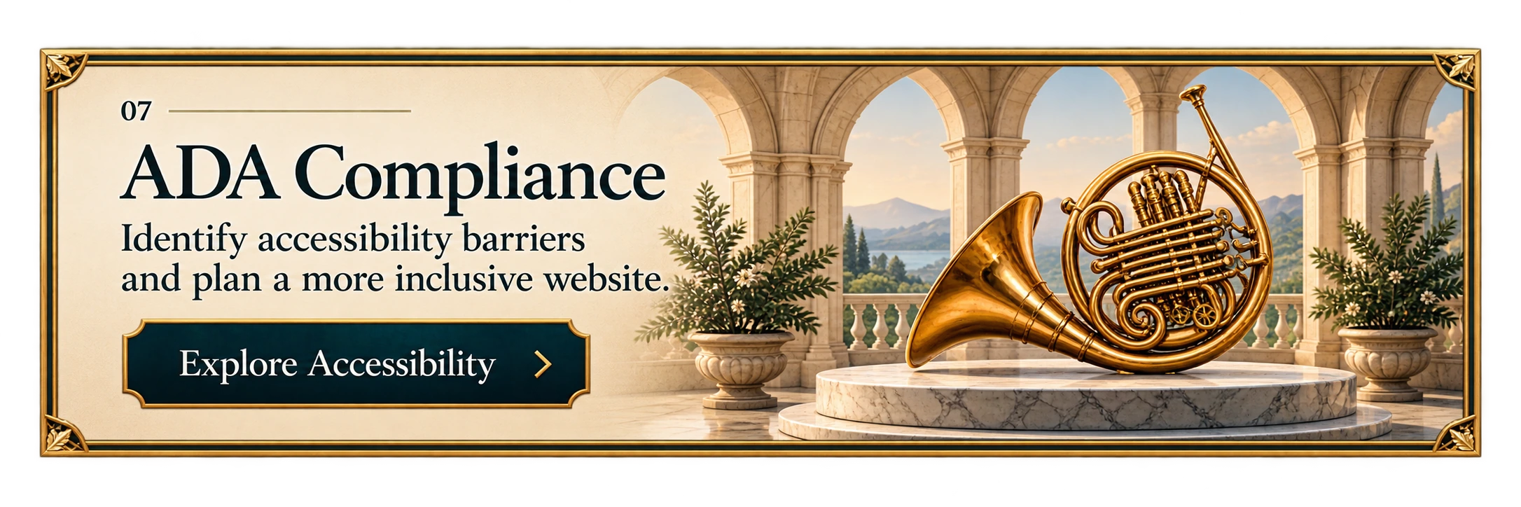 A brass french horn on a stone plinth, for identifying accessibility barriers on a website.