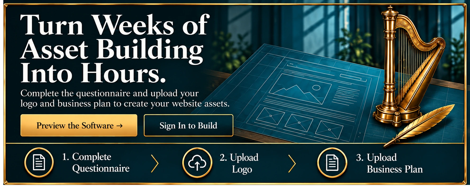 Turn weeks of asset building into hours. Complete the questionnaire and upload your logo and business plan to create your website assets. A brass harp and a golden quill stand beside a lit page blueprint on a desk in a quiet teal hall. Beneath them a three-step strip reads: 1. Complete questionnaire, 2. Upload logo, 3. Upload business plan.