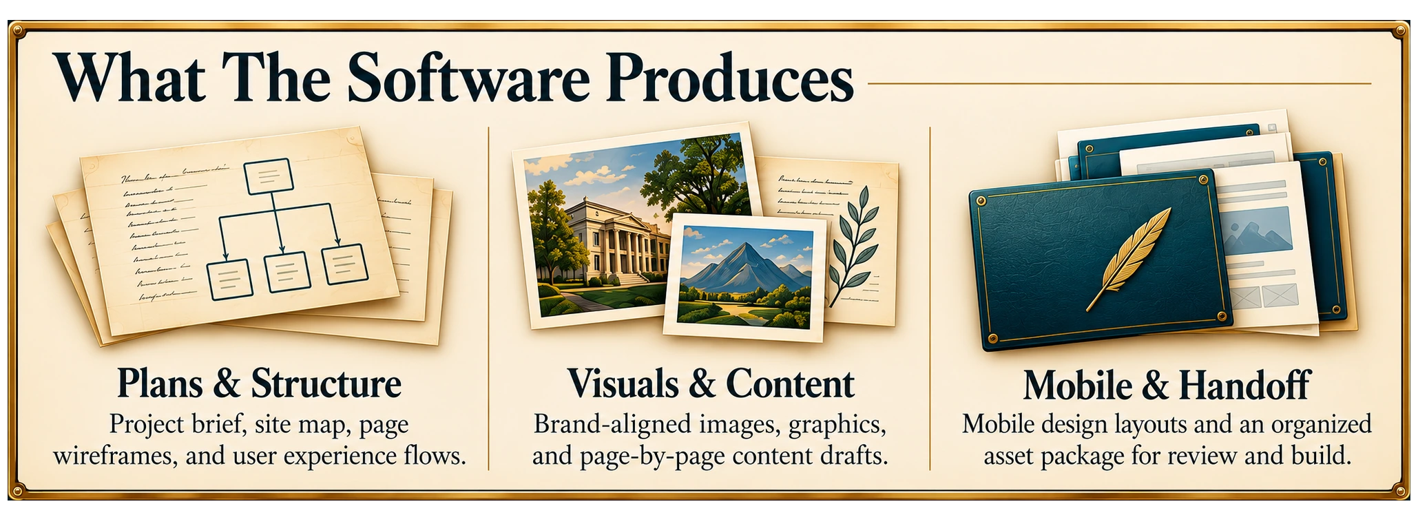 What the software produces, in three parts. Plans and structure: project brief, site map, page wireframes, and user experience flows. Visuals and content: brand-aligned images, graphics, and page-by-page content drafts. Mobile and handoff: mobile design layouts and an organized asset package for review and build.