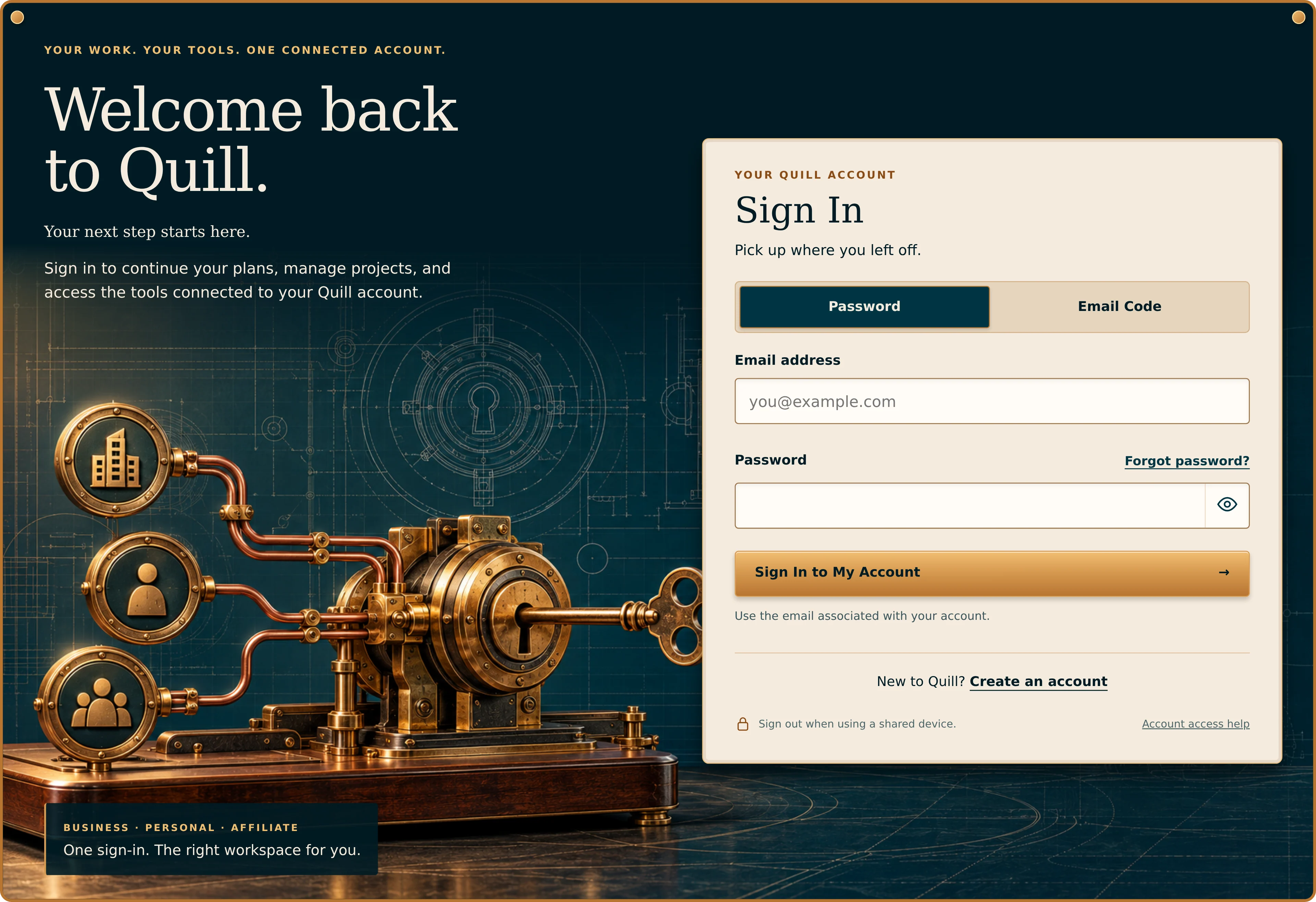 Welcome back to Quill: brass account dials and a blueprint key mechanism beside the sign-in panel.