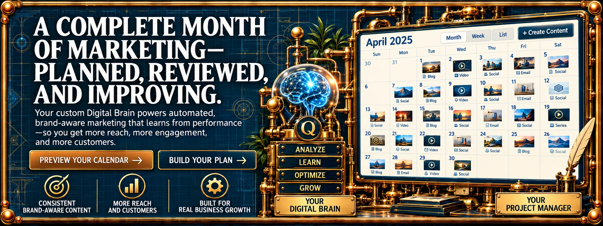 A complete month of marketing, planned, reviewed and improving. Your custom Digital Brain powers automated, brand-aware marketing that learns from performance, beside a filled content calendar for the month.