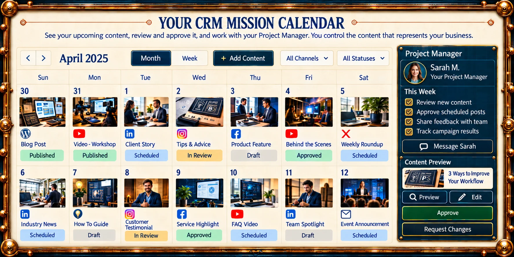 The CRM mission calendar for a month, with scheduled posts, videos, blogs and emails, platform and publishing controls above it and the Digital Brain impact panel beside it.