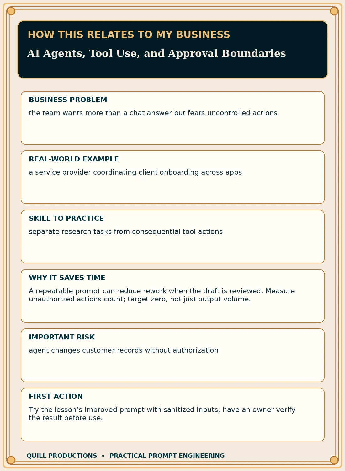 Business impact flyer for AI Agents, Tool Use, and Approval Boundaries