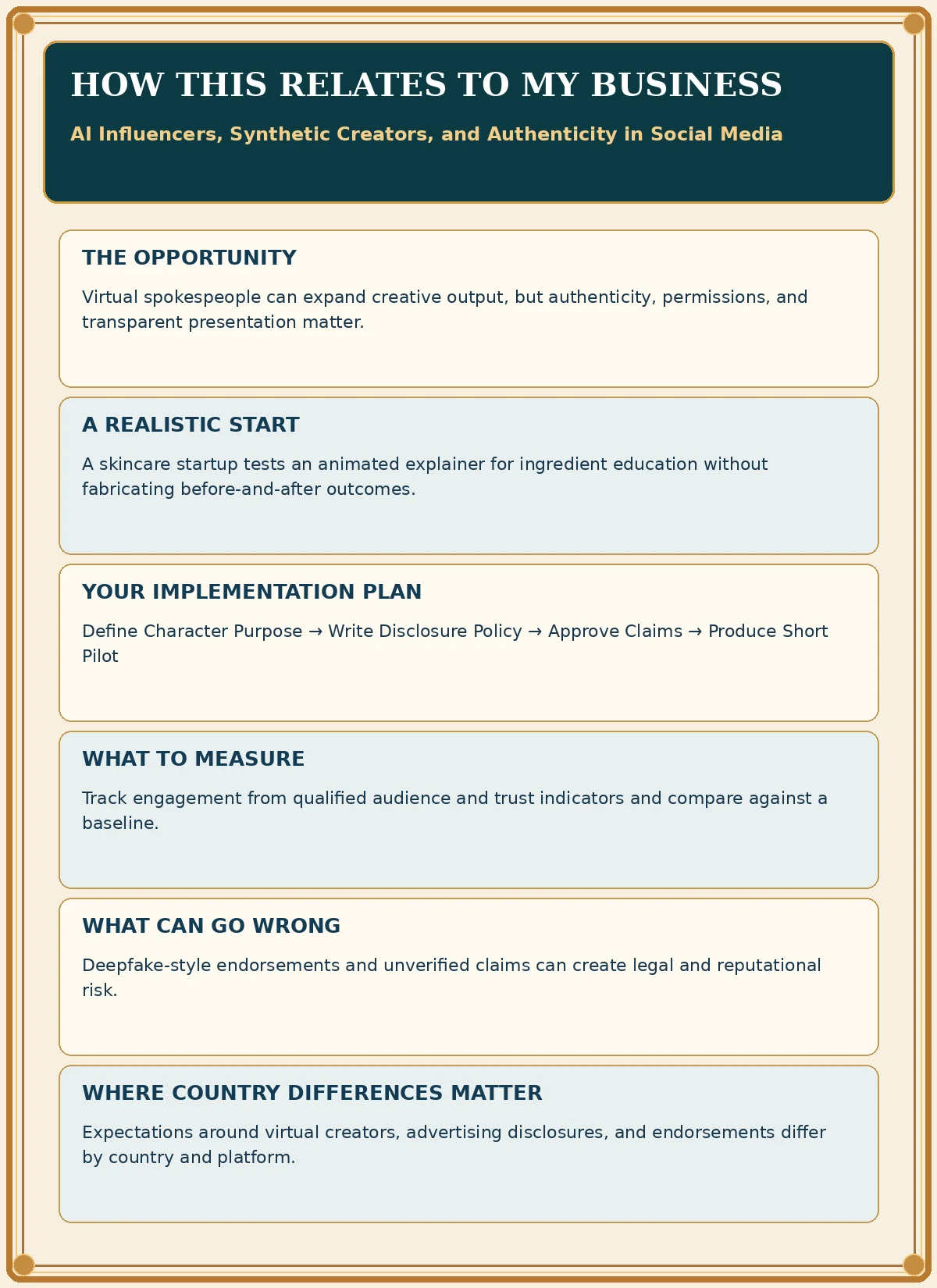 Business impact flyer for AI Influencers, Synthetic Creators, and Authenticity in Social Media