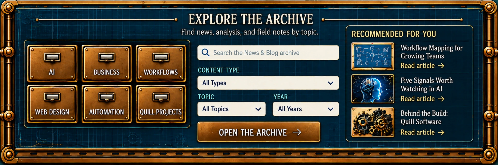 Explore the Archive. Find news, analysis and field notes by topic, with six topic drawers, a search field, content type, topic and year filters, and recommended reading.