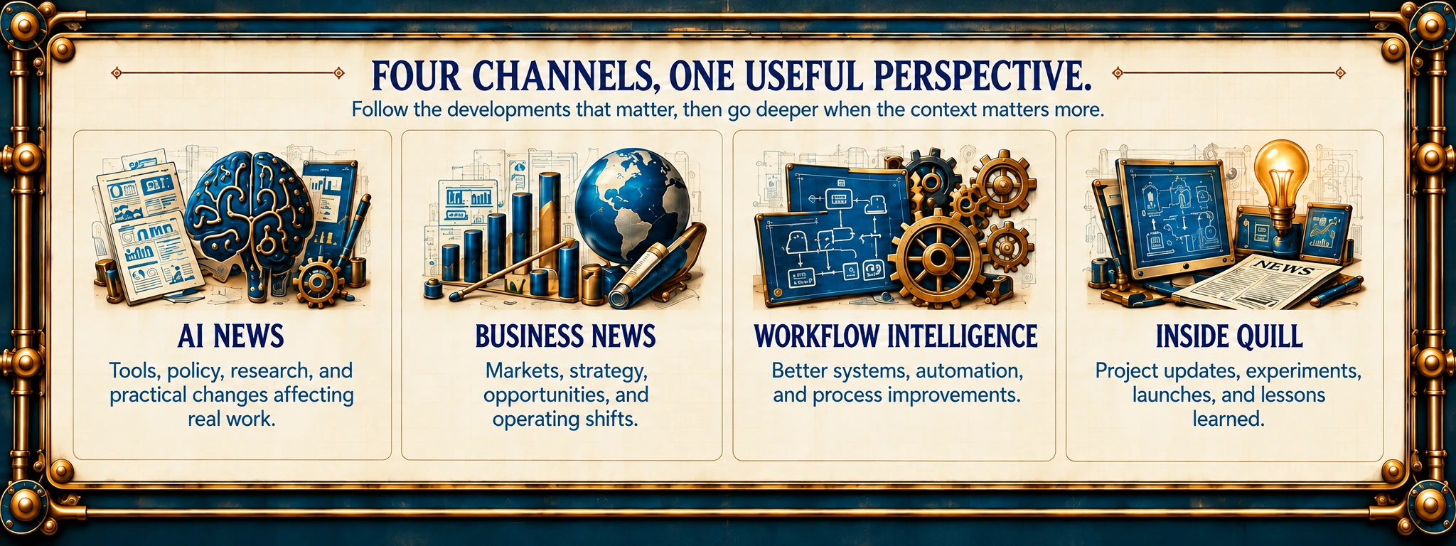 Four Channels, One Useful Perspective: AI News, Business News, Workflow Intelligence, and Inside Quill. Choose a channel for its details.