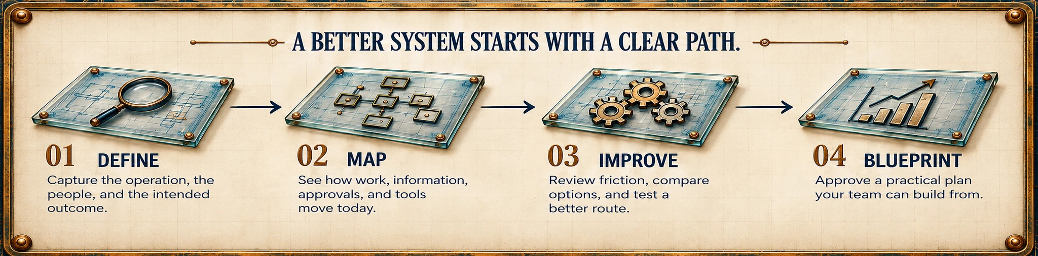 Path map showing four steps: Define, Map, Improve, and Blueprint.