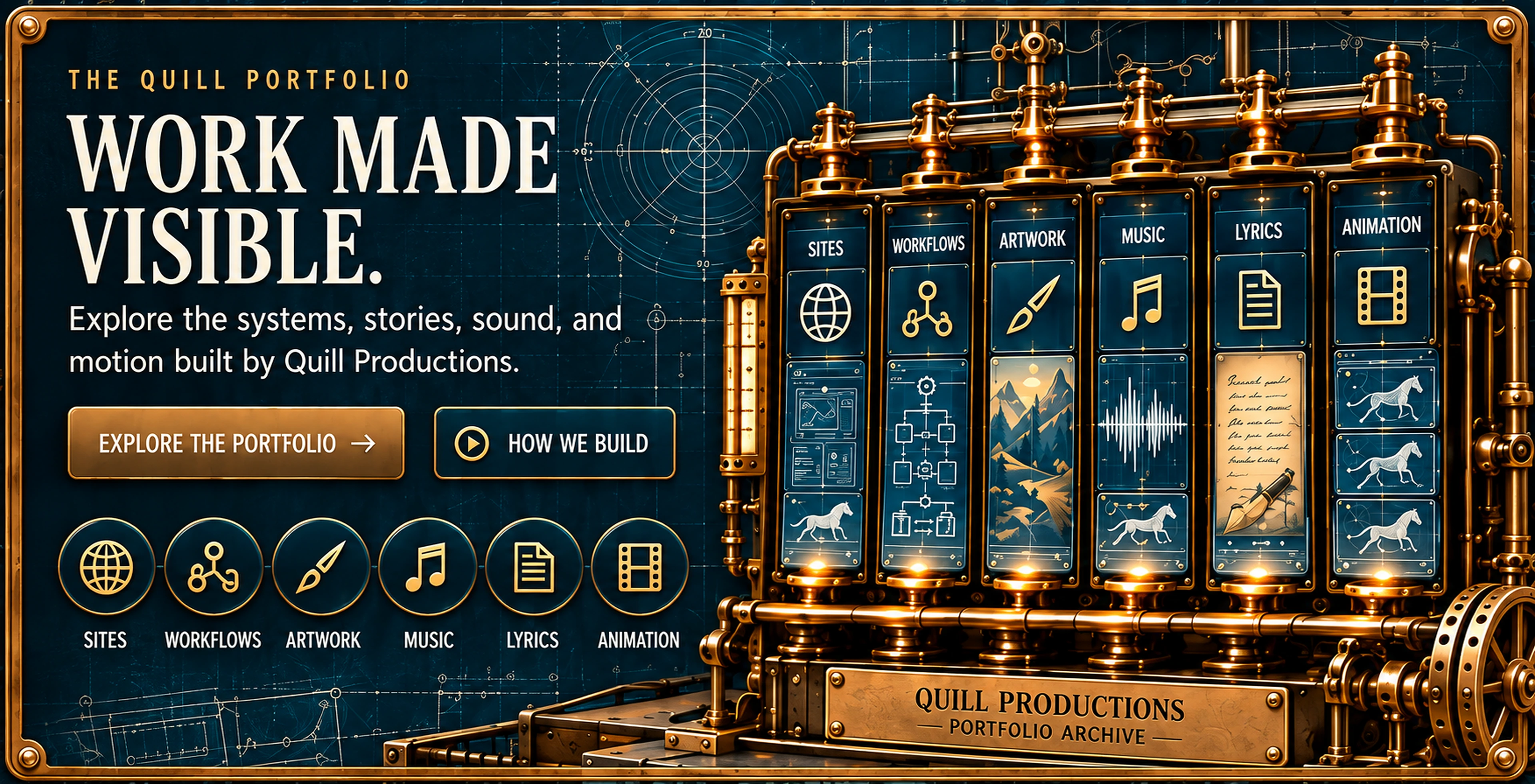 The Quill portfolio archive with all six categories: sites, workflows, artwork, music, lyrics and animation.