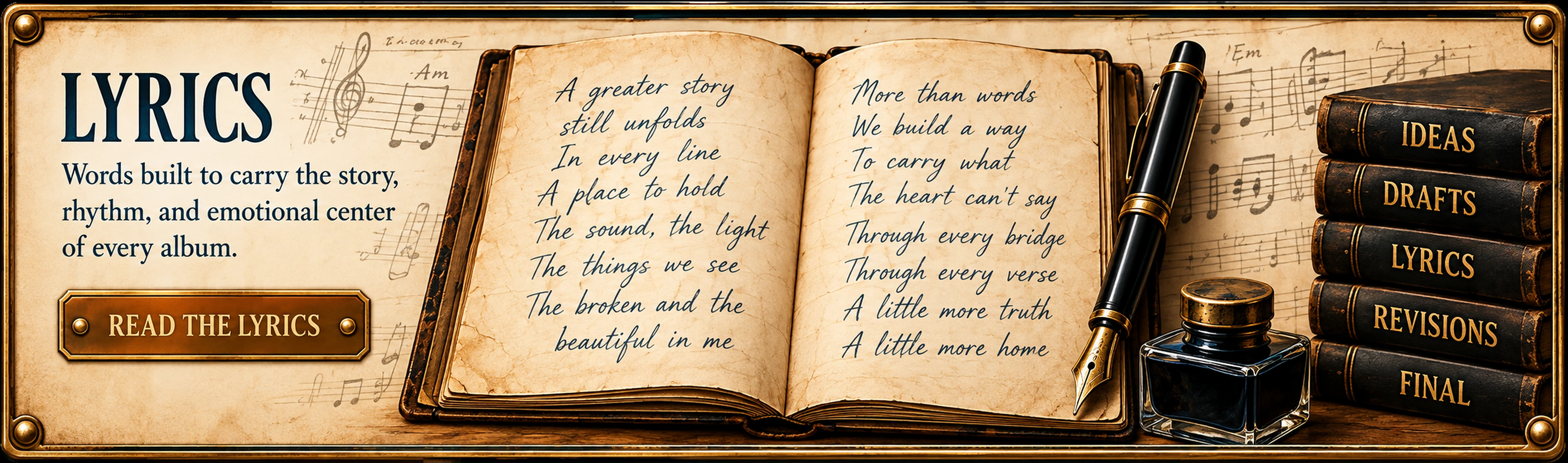 Lyrics: an open manuscript and the production stages from first idea to finished song.