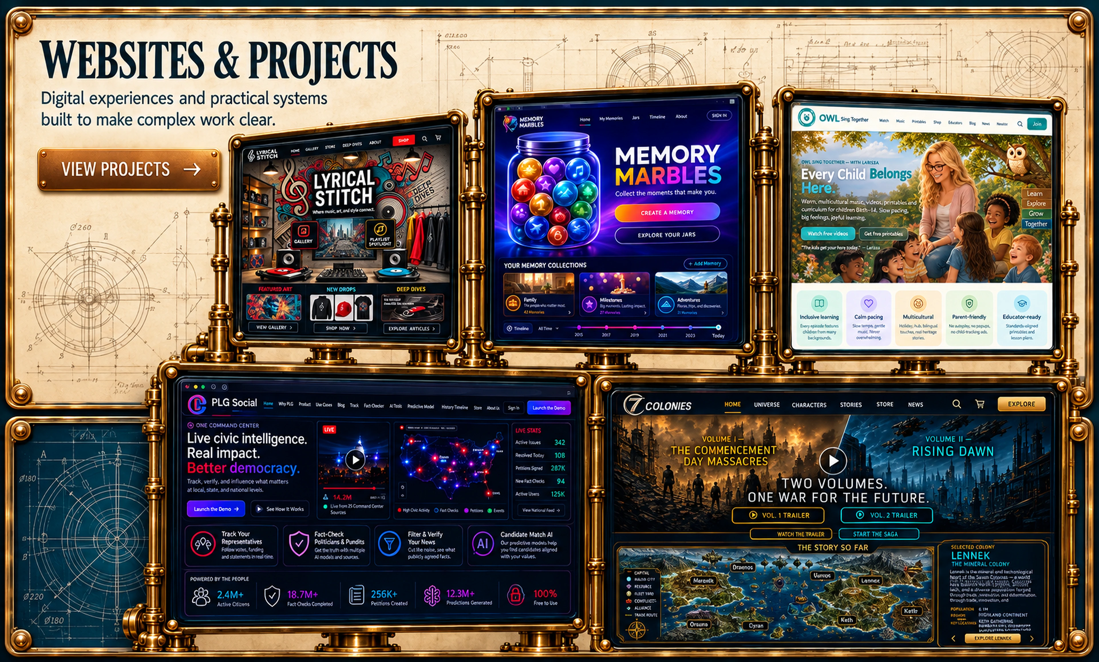 Five Quill website projects presented on the studio catalog board.
