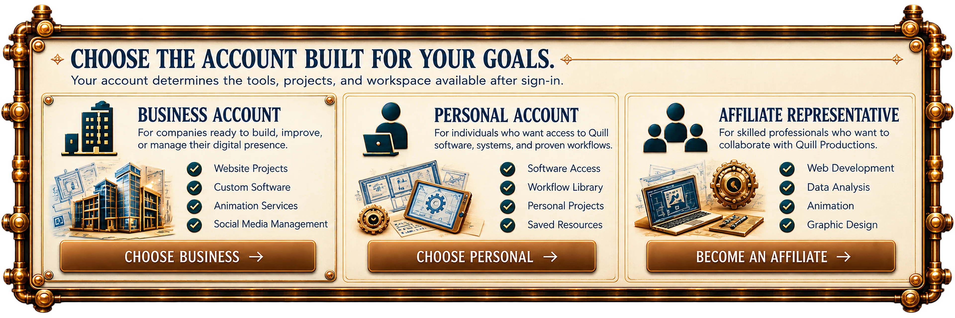 The three Quill account types: a Business Account for companies ready to build, improve or manage their digital presence; a Personal Account for individuals who want access to Quill software, systems and proven workflows; and an Affiliate Representative account for skilled professionals who want to collaborate with Quill Productions.