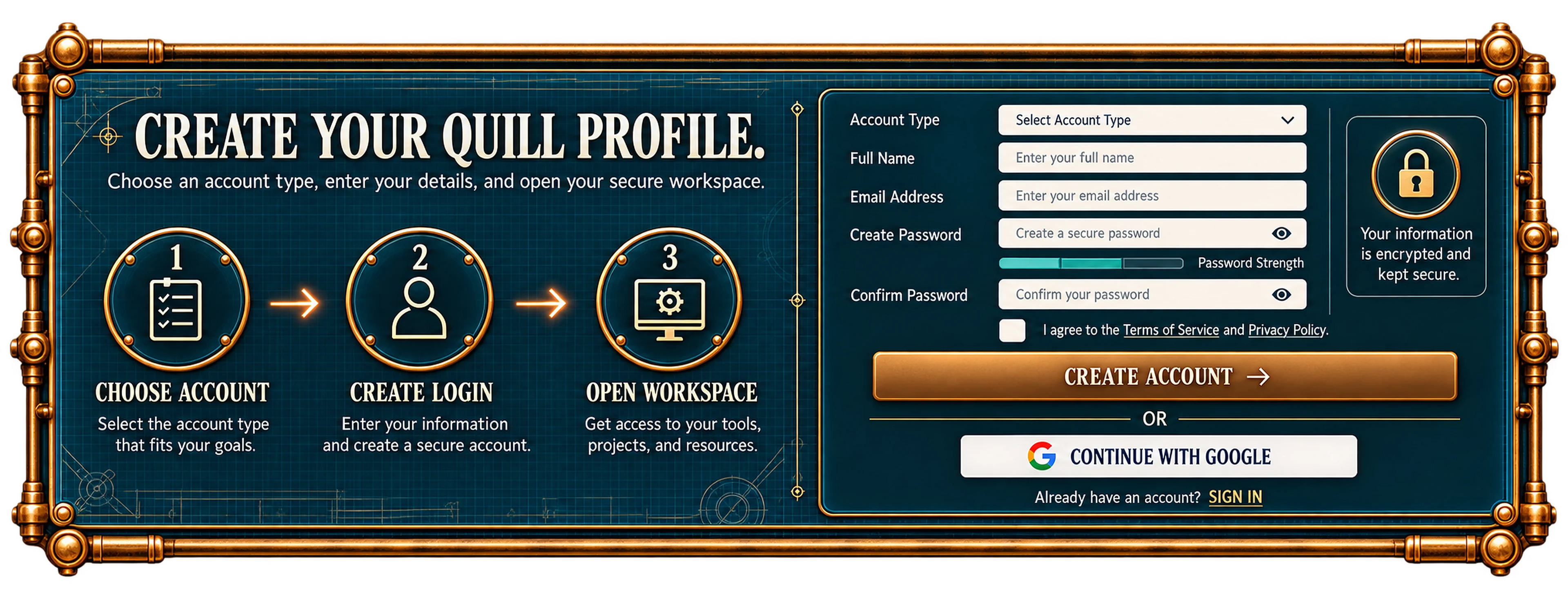 Create your Quill profile: choose an account type, enter your details and open your secure workspace, in three steps - choose account, create login, open workspace - beside a form for account type, full name, email address and a password.