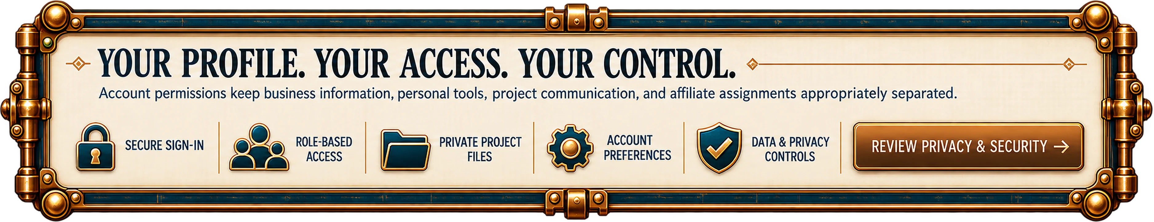 Account permissions keep business information, personal tools, project communication and affiliate assignments appropriately separated, through secure sign-in, role-based access, private project files, account preferences and data and privacy controls.
