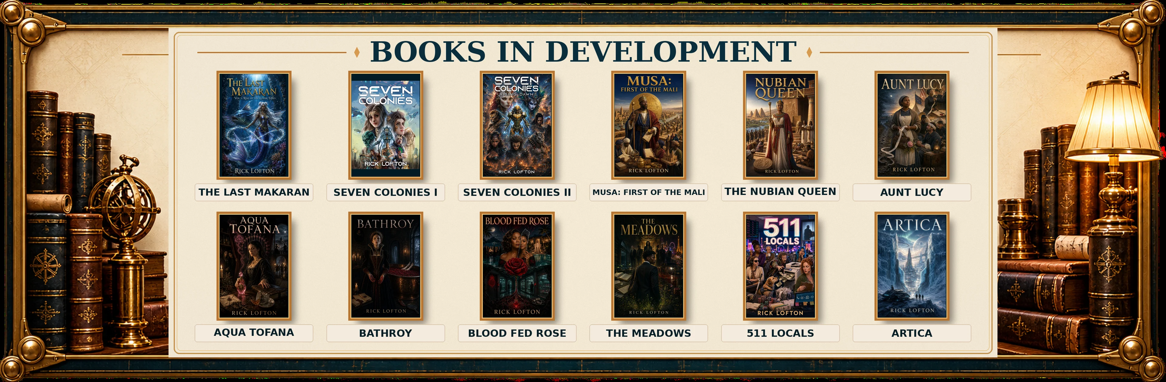 Books in development, page one: The Last Makaran, Seven Colonies I, Seven Colonies II, Musa First of the Mali, The Nubian Queen, Aunt Lucy, Aqua Tofana, Bathroy, Blood Fed Rose, The Meadows, 511 Locals and Artica.