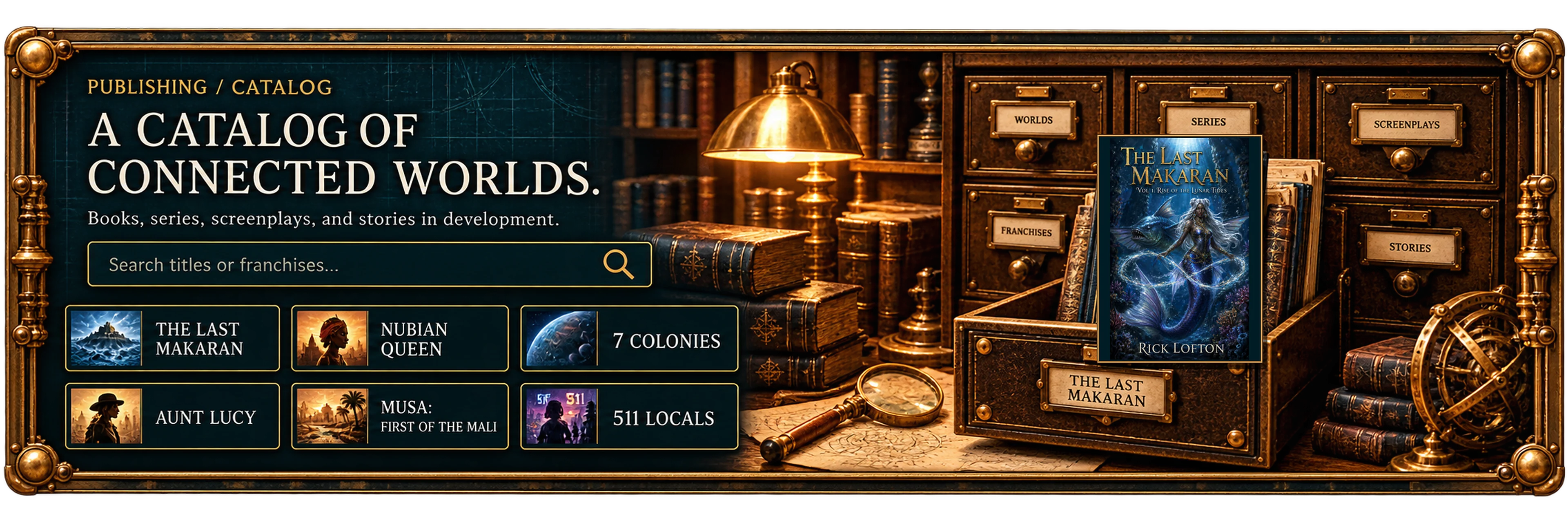 Publishing catalog: a catalog of connected worlds. Books, series, screenplays and stories in development, with a card index of worlds, series, franchises, screenplays and stories.