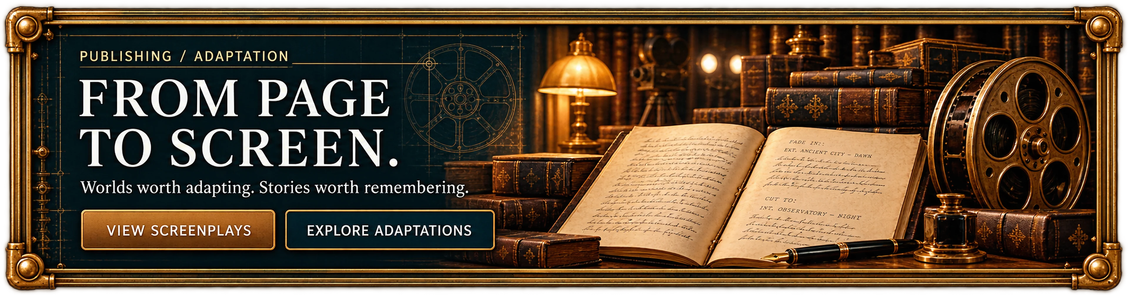 Publishing and adaptation: from page to screen. Worlds worth adapting, stories worth remembering. An open manuscript beside a film reel on a lamplit desk.