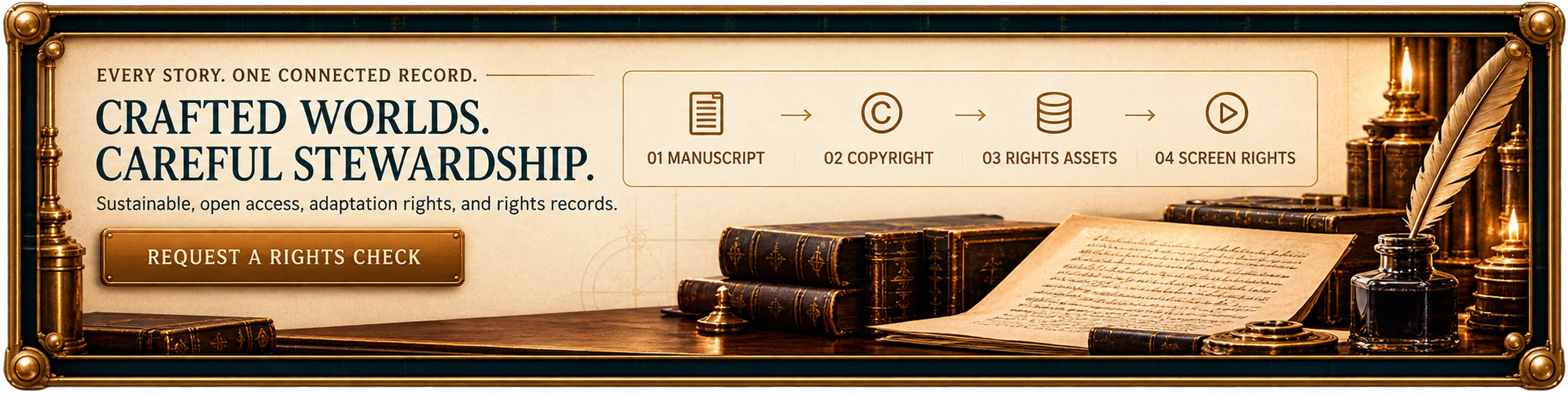 Every story, one connected record: manuscript, copyright, rights assets and screen rights. Sustainable, open access, adaptation rights and rights records.