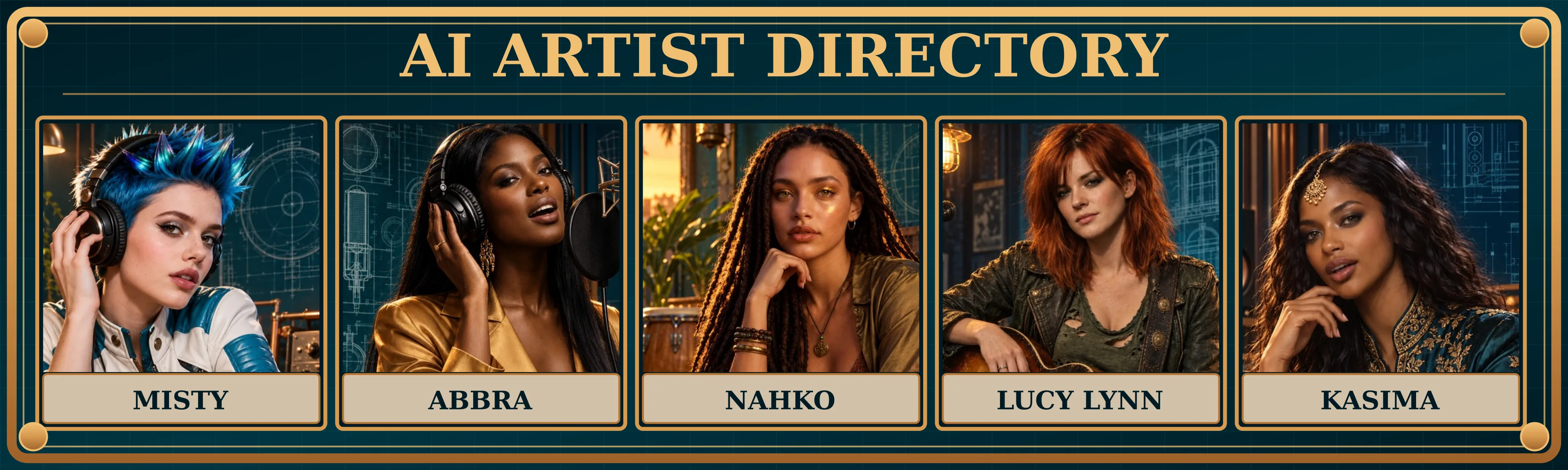 The AI artist roster: Misty, Abbra, Nahko, Lucy Lynn and Kasima.