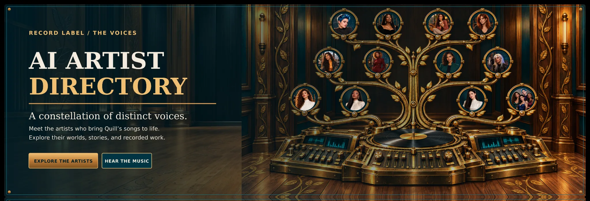 Explore the Artists opening slide for the Quill AI Artist Directory.