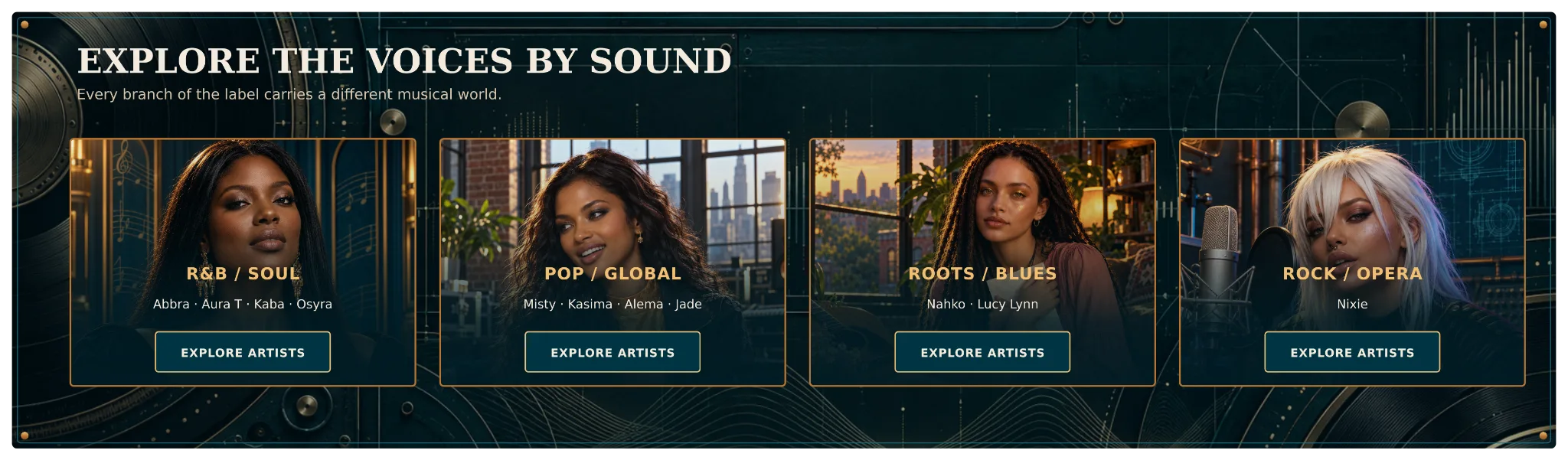 Explore the Voices by Sound: R&B and Soul, Pop and Global, Roots and Blues, Rock and Opera.