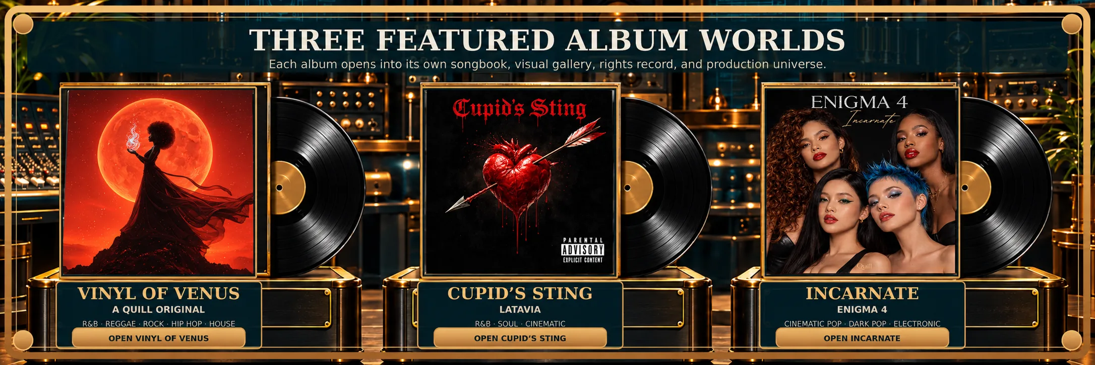 The album map showing Vinyl of Venus, Cupid’s Sting and Incarnate side by side.