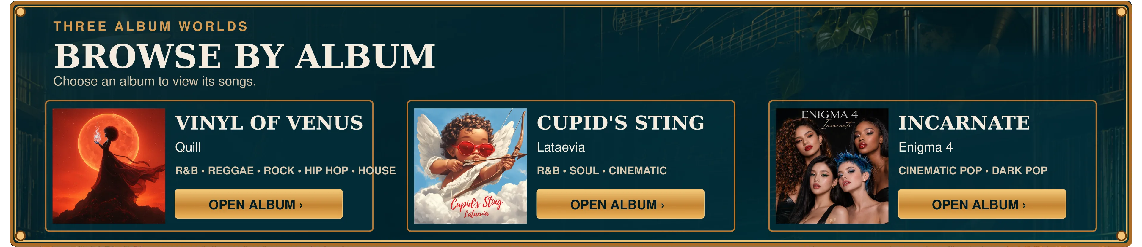 Browse by Album: three album covers, Vinyl of Venus, Cupid’s Sting and Incarnate.
