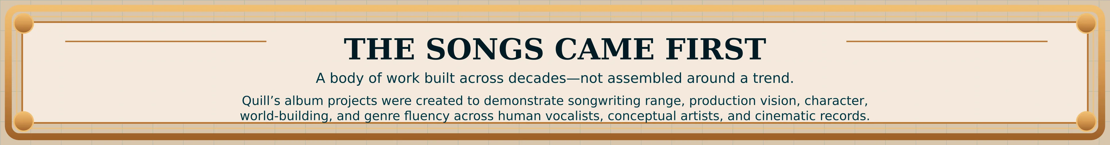 A bordered parchment statement: the songs came first, and the worlds grew around them.