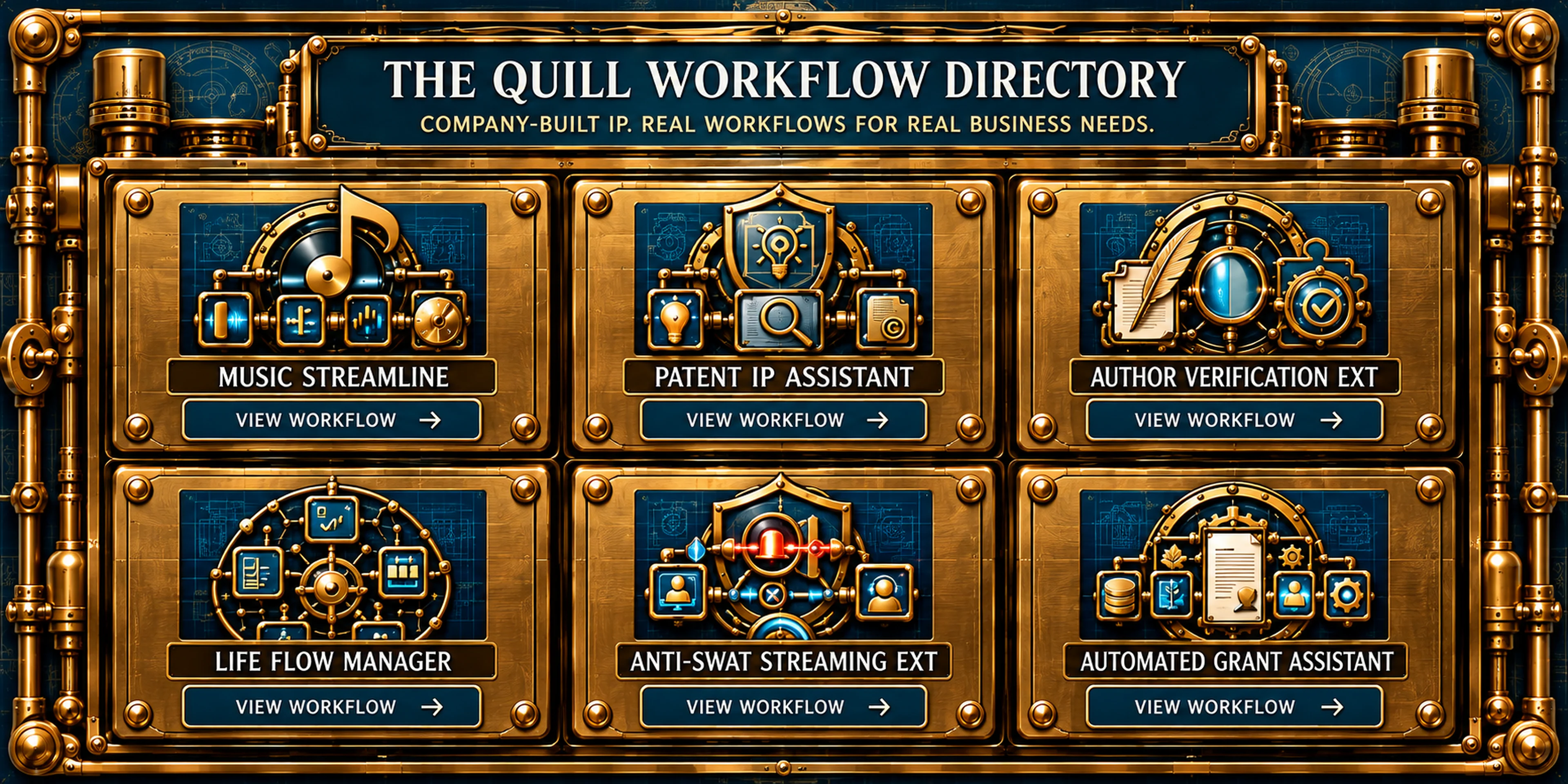 The Quill Workflow Directory with six company-built workflows.