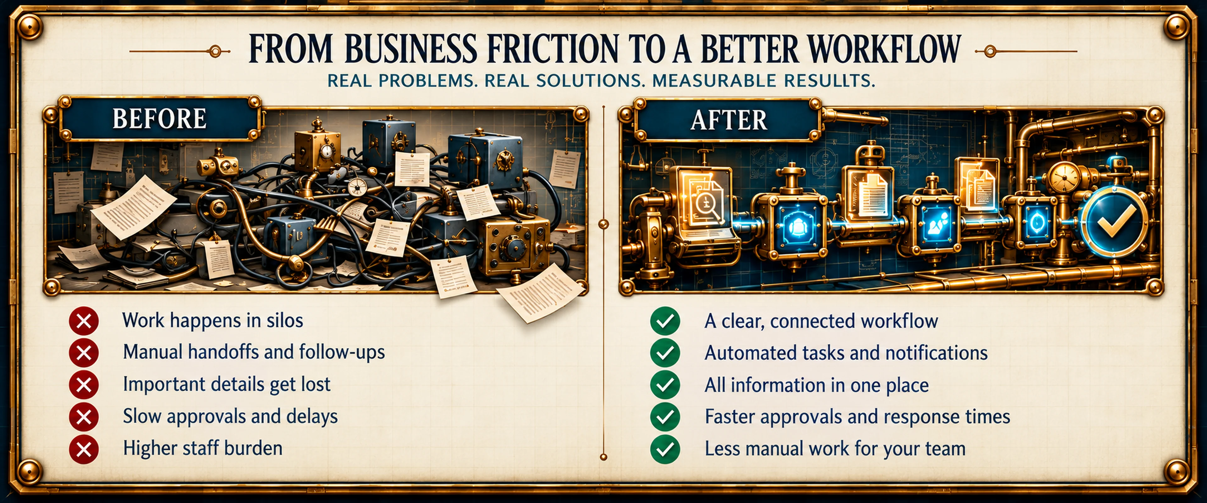 From business friction to a better workflow. Before: work happens in silos, manual handoffs and follow-ups, important details get lost, slow approvals and delays, higher staff burden. After: a clear connected workflow, automated tasks and notifications, all information in one place, faster approvals and response times, less manual work for the team.