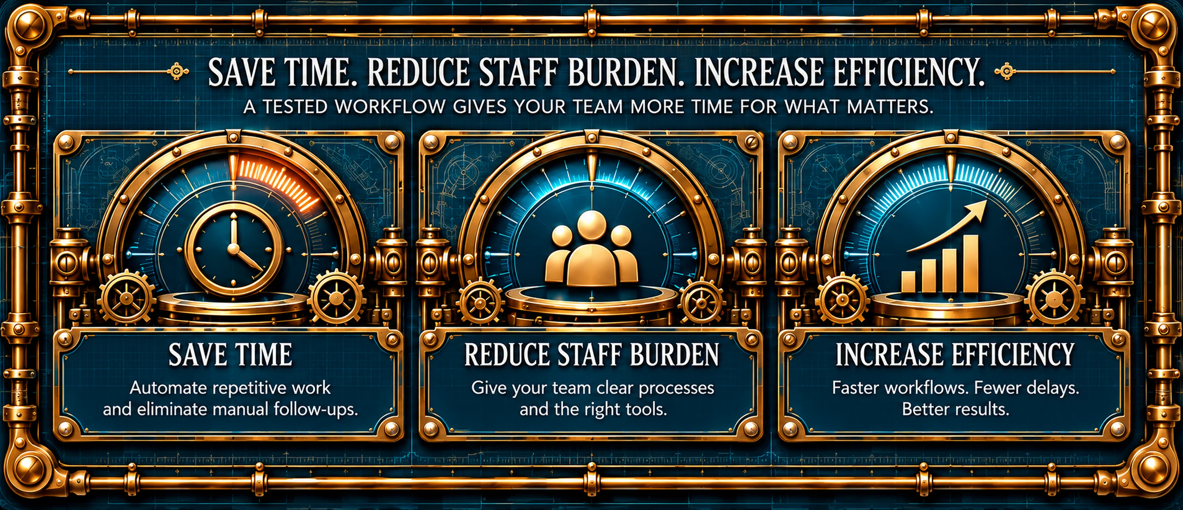 Workflow Benefits map: Save Time, Reduce Staff Burden, and Increase Efficiency.